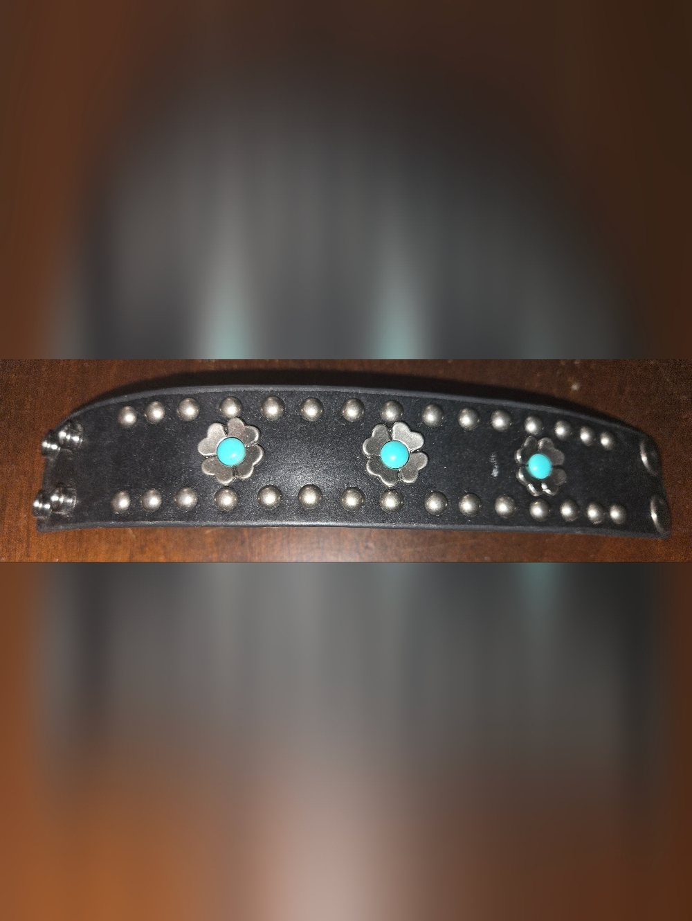 NWOT. Black Leather Silver Studded Bracelet with Turquoise Accents